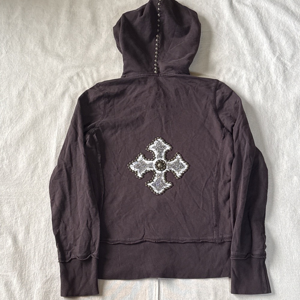Twisted Heart Studded Heart Zip Up Hoodie Y2K Rhinestone Zipper Pull M Brown